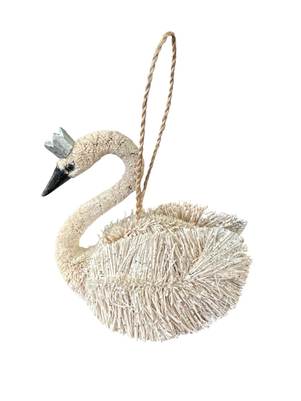 Pottery Barn Crowned Swan Ornament Natural Bottlebrush Glitter Holiday Gifts - Picture 2 of 7